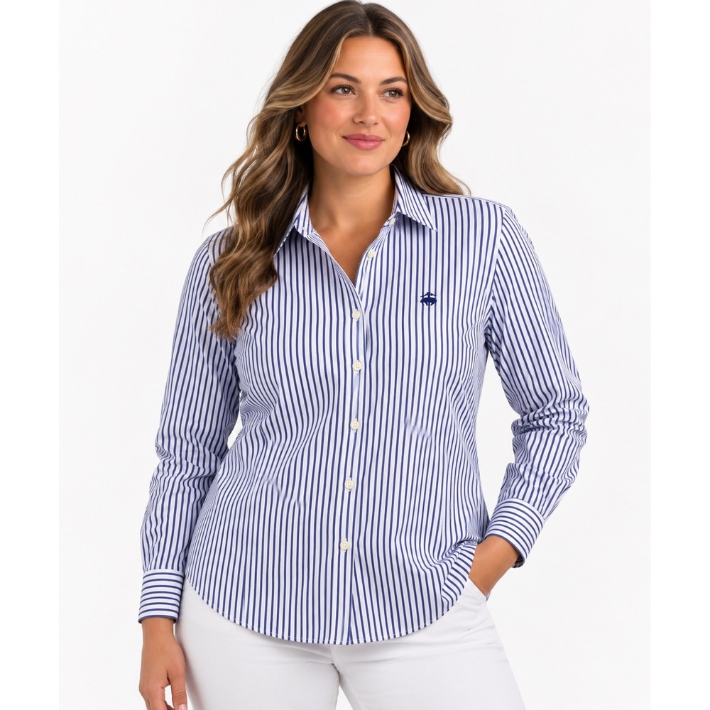 Brooks Brothers Womens 14 Non-Iron Stretch Shirt Navy White Stripe Tailored NWT